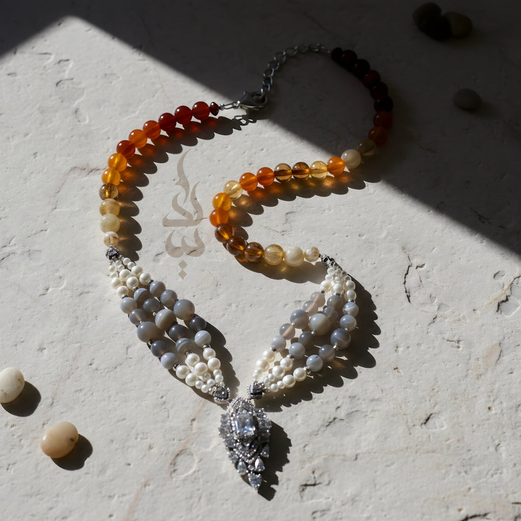 Gray & Apricot Agate 925 Sterling Silver Necklace with Zircon