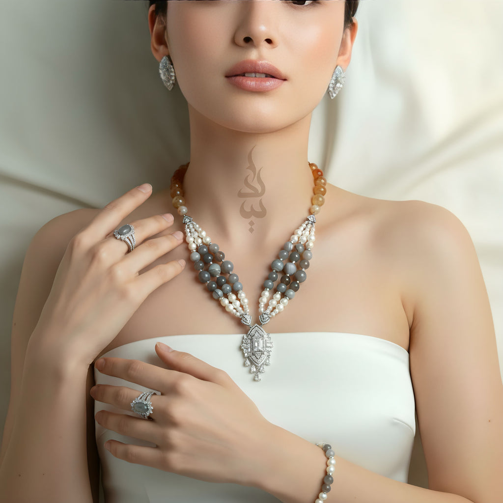 Gray & Apricot Agate 925 Sterling Silver Necklace with Zircon