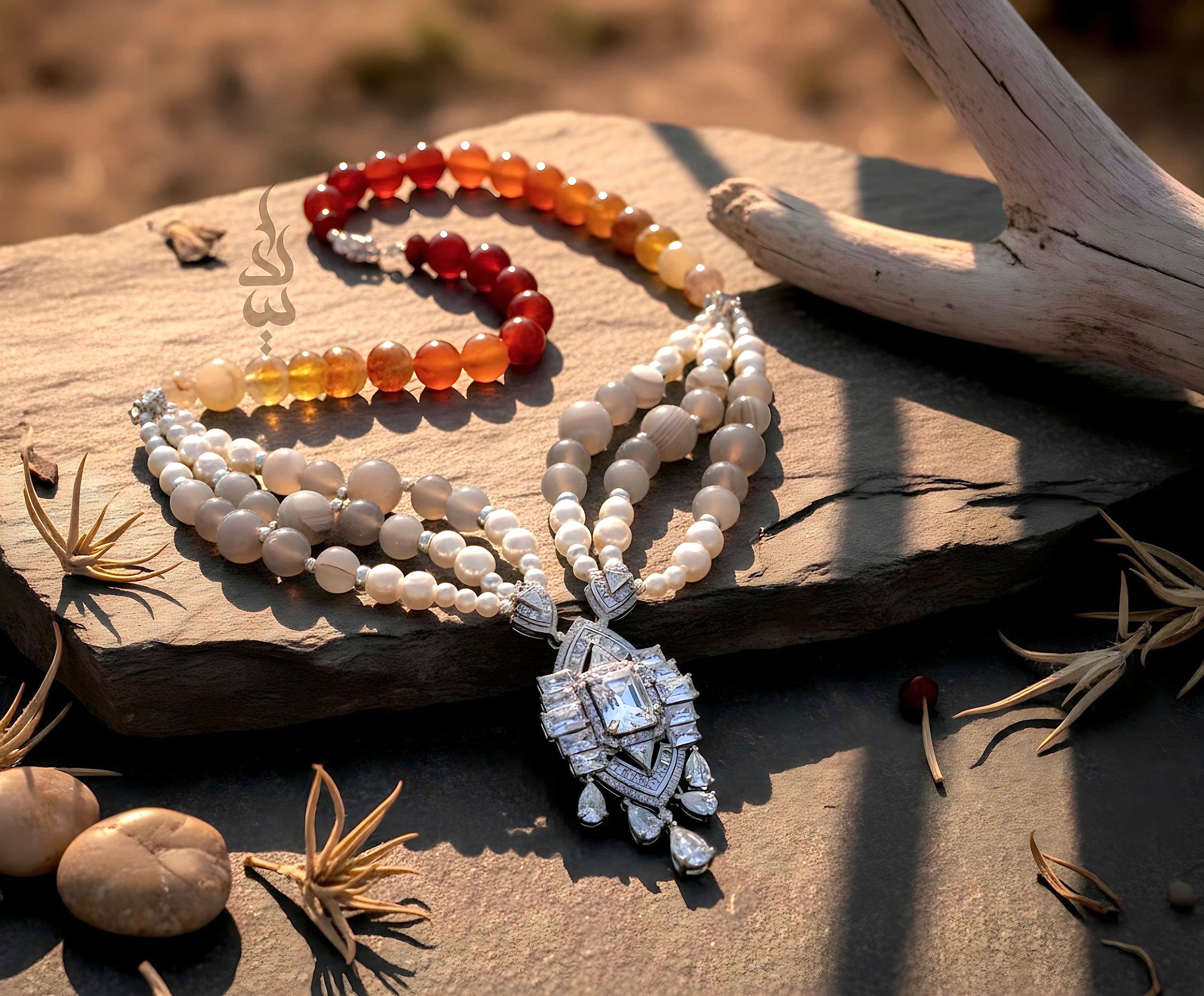 Gray & Apricot Agate 925 Sterling Silver Necklace with Zircon