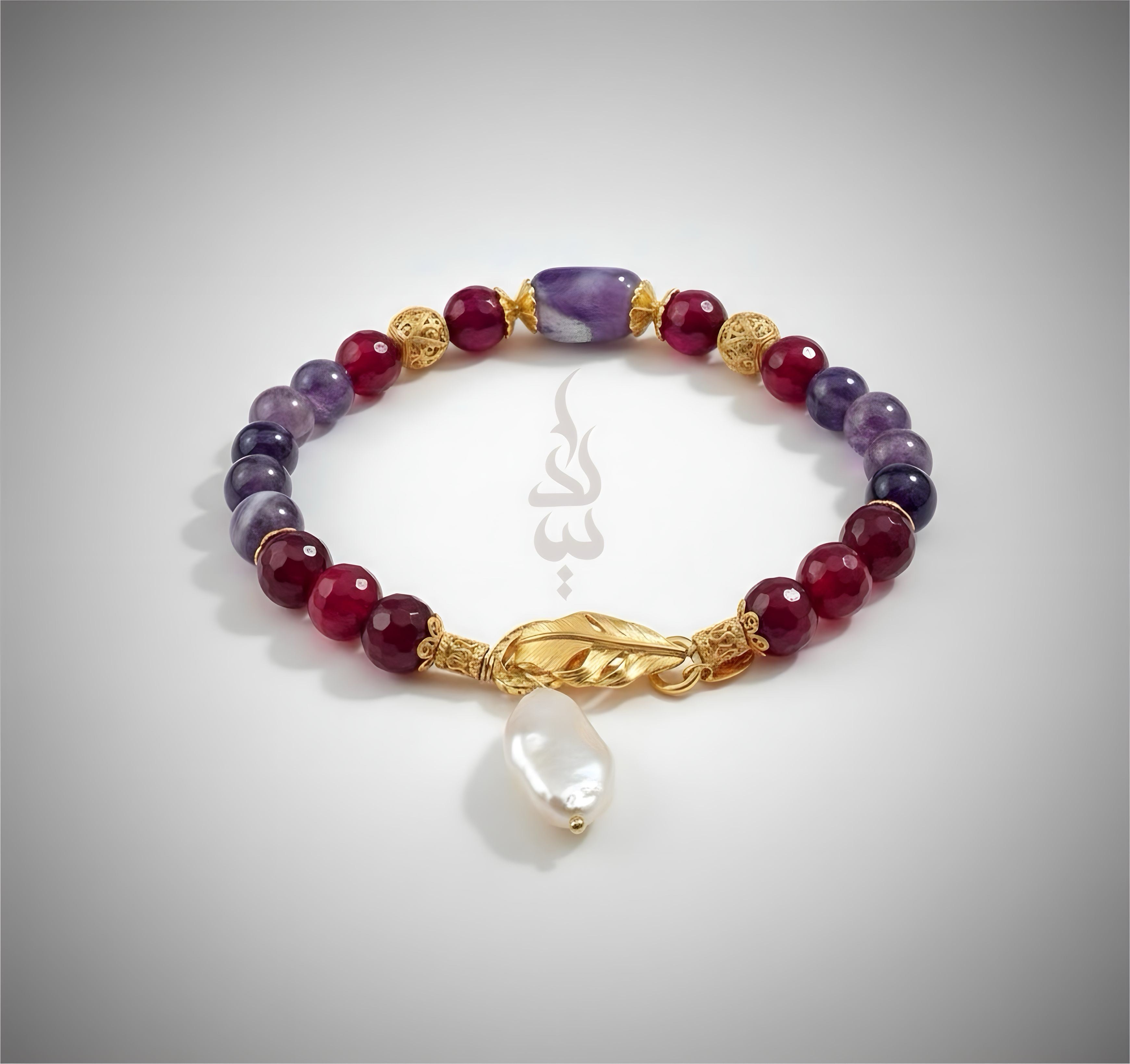 Sterling silver 18K gold plated handmade bracelet with amethyst, magenta agate, and a natural baroque pearl pendant