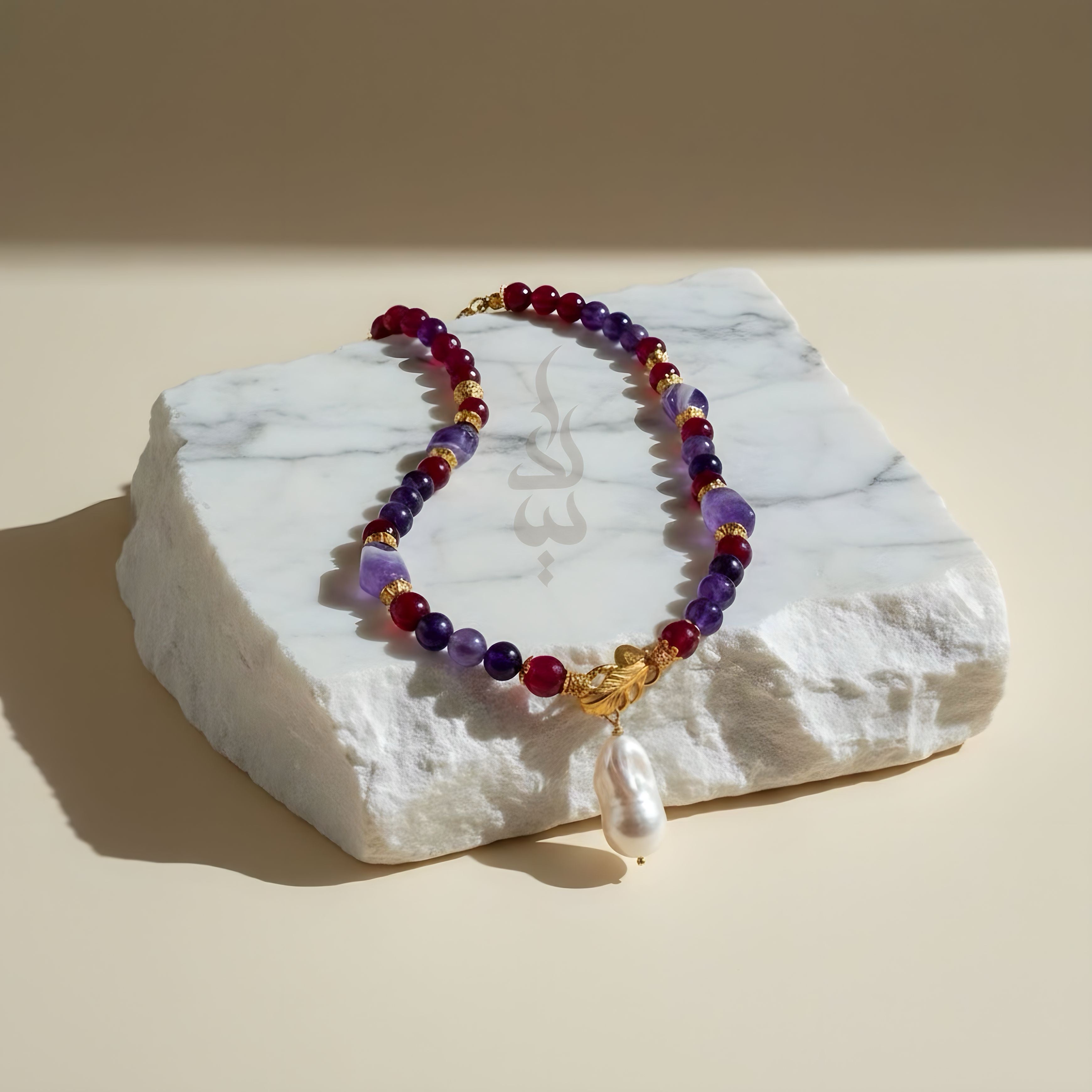 Handmade 18K Gold Plated Silver Necklace  with Amethyst, Magenta Agate & Baroque Pearl