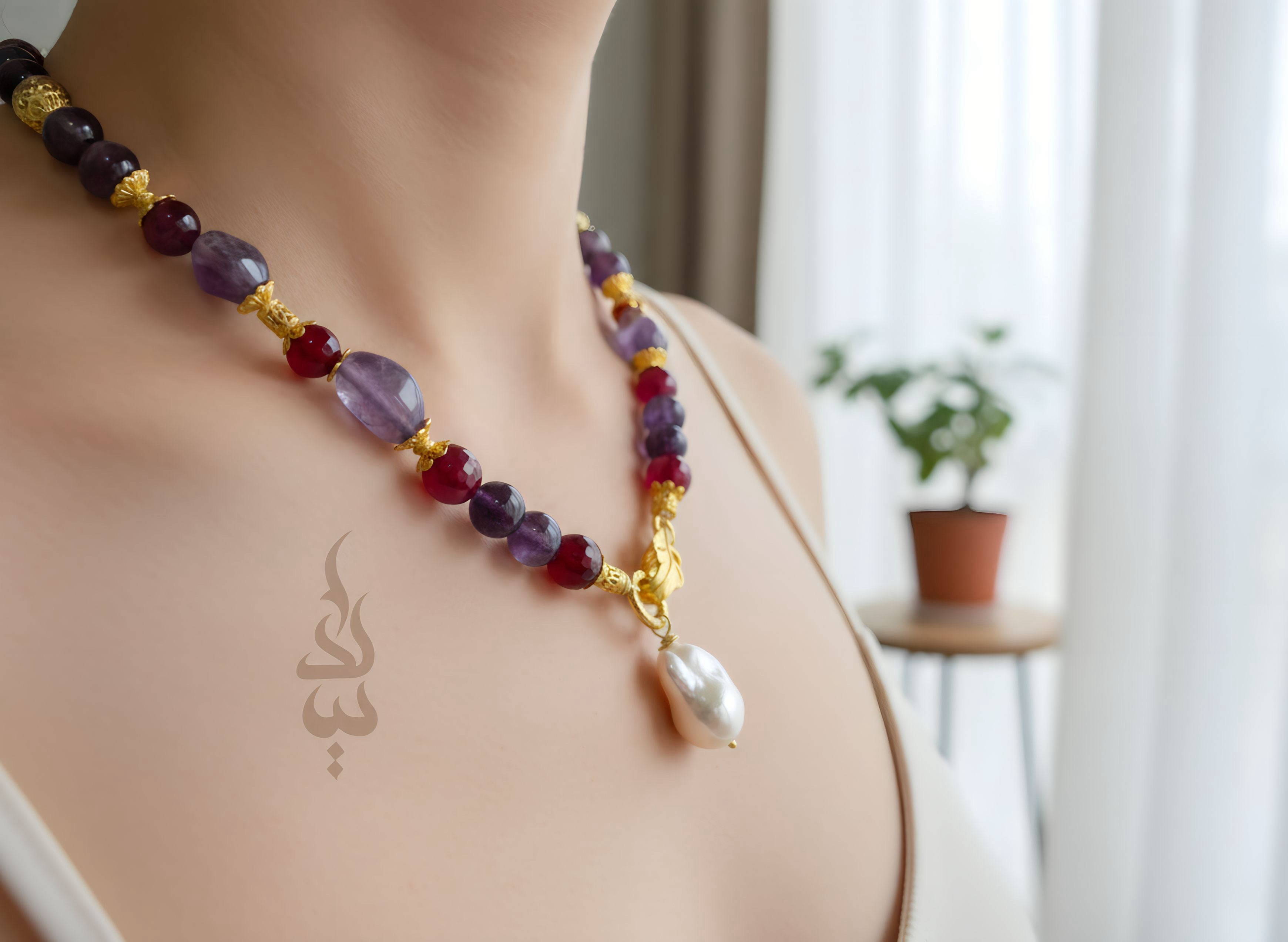 Handmade 18K Gold Plated Silver Necklace  with Amethyst, Magenta Agate & Baroque Pearl