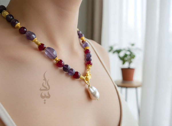 Handmade 18K Gold Plated Silver Necklace  with Amethyst, Magenta Agate & Baroque Pearl