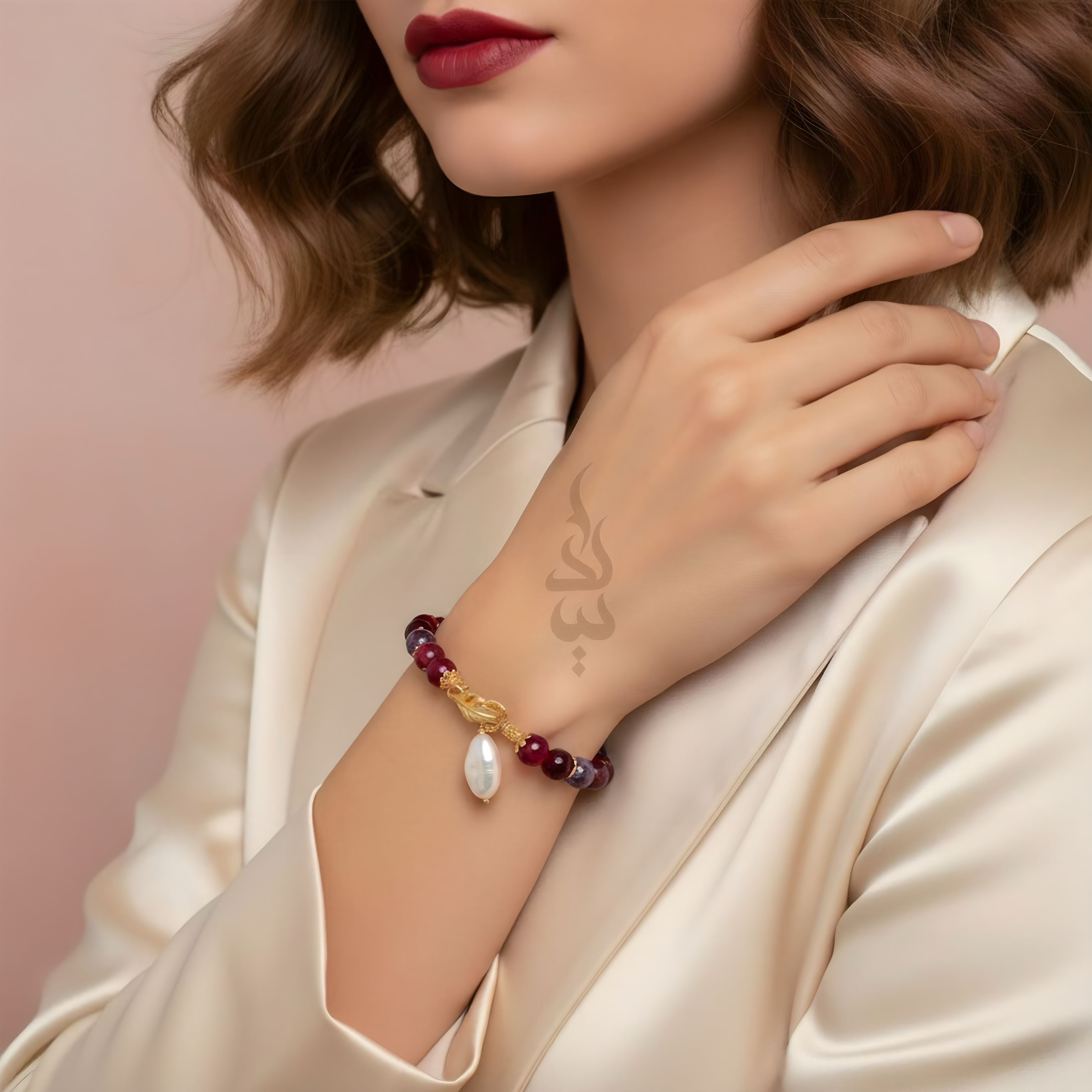 Sterling silver 18K gold plated handmade bracelet with amethyst, magenta agate, and a natural baroque pearl pendant