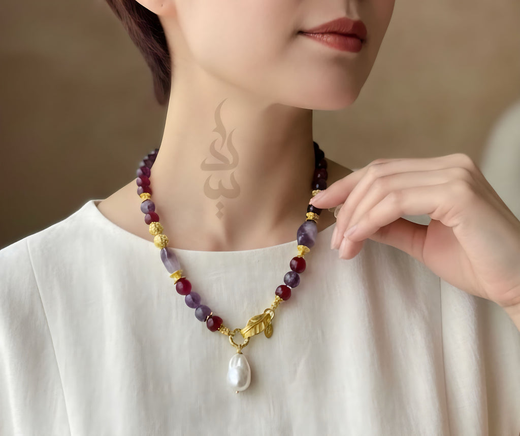 Handmade 18K Gold Plated Silver Necklace  with Amethyst, Magenta Agate & Baroque Pearl