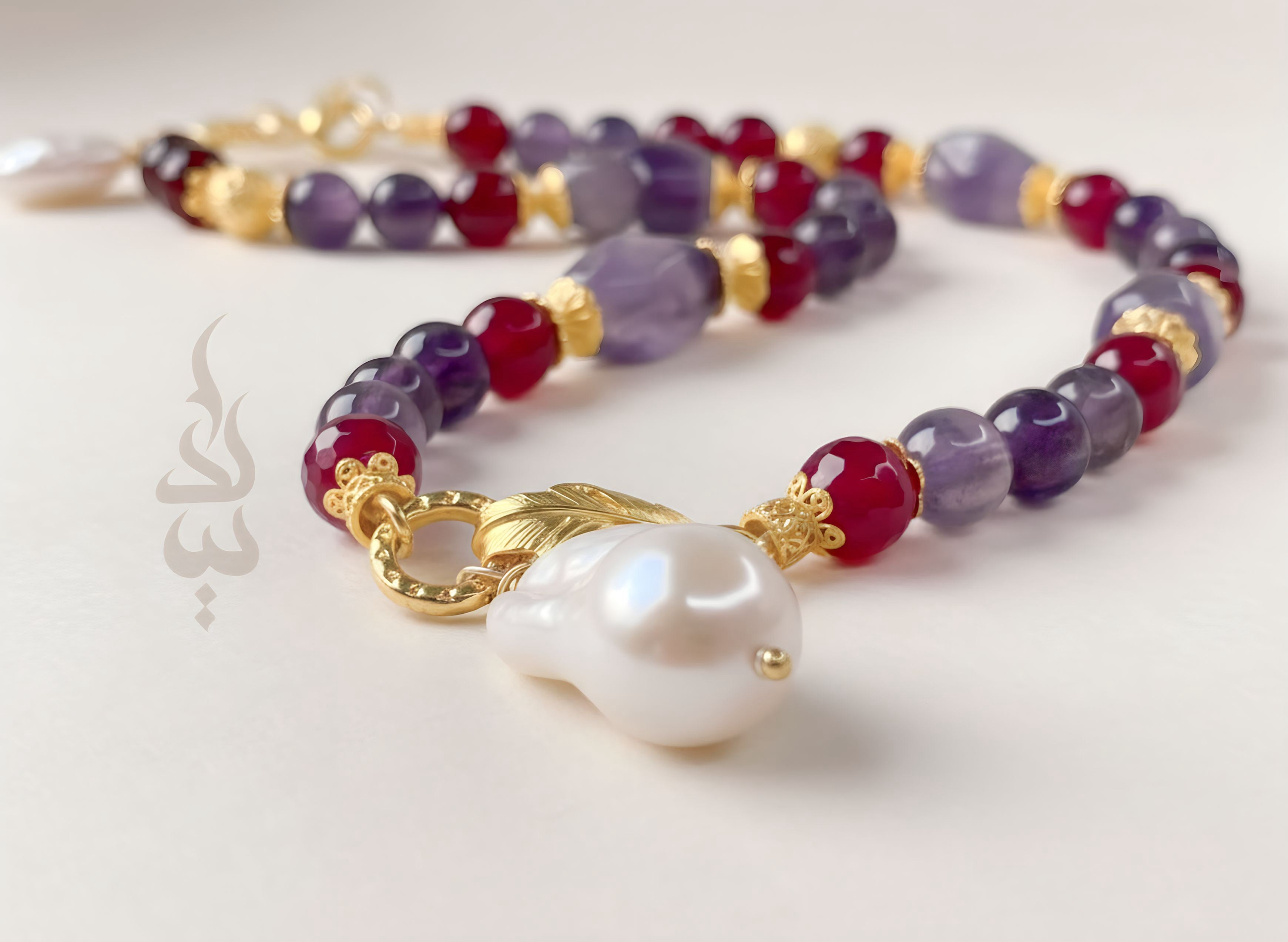 Handmade 18K Gold Plated Silver Necklace  with Amethyst, Magenta Agate & Baroque Pearl