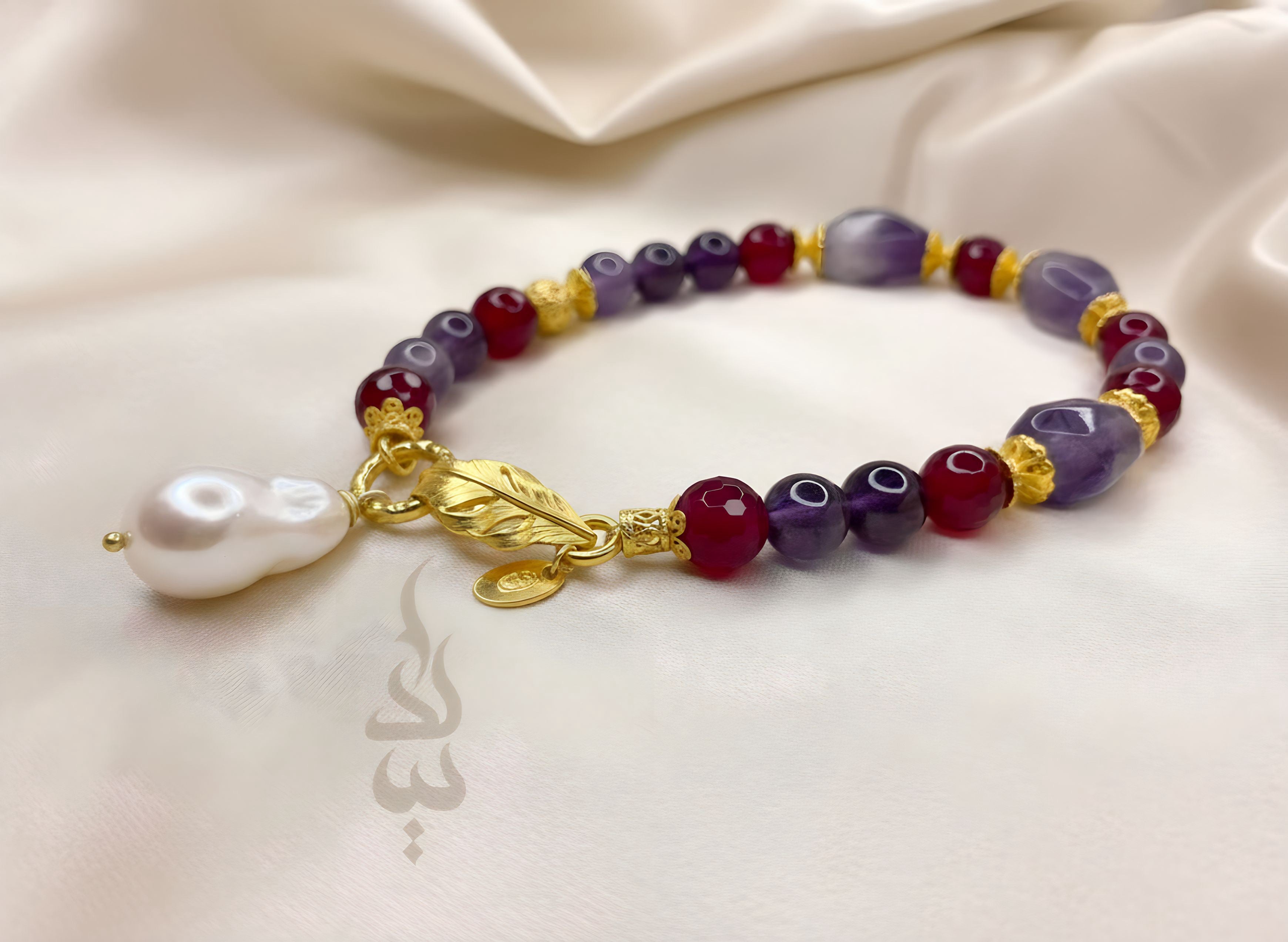 Sterling silver 18K gold plated handmade bracelet with amethyst, magenta agate, and a natural baroque pearl pendant