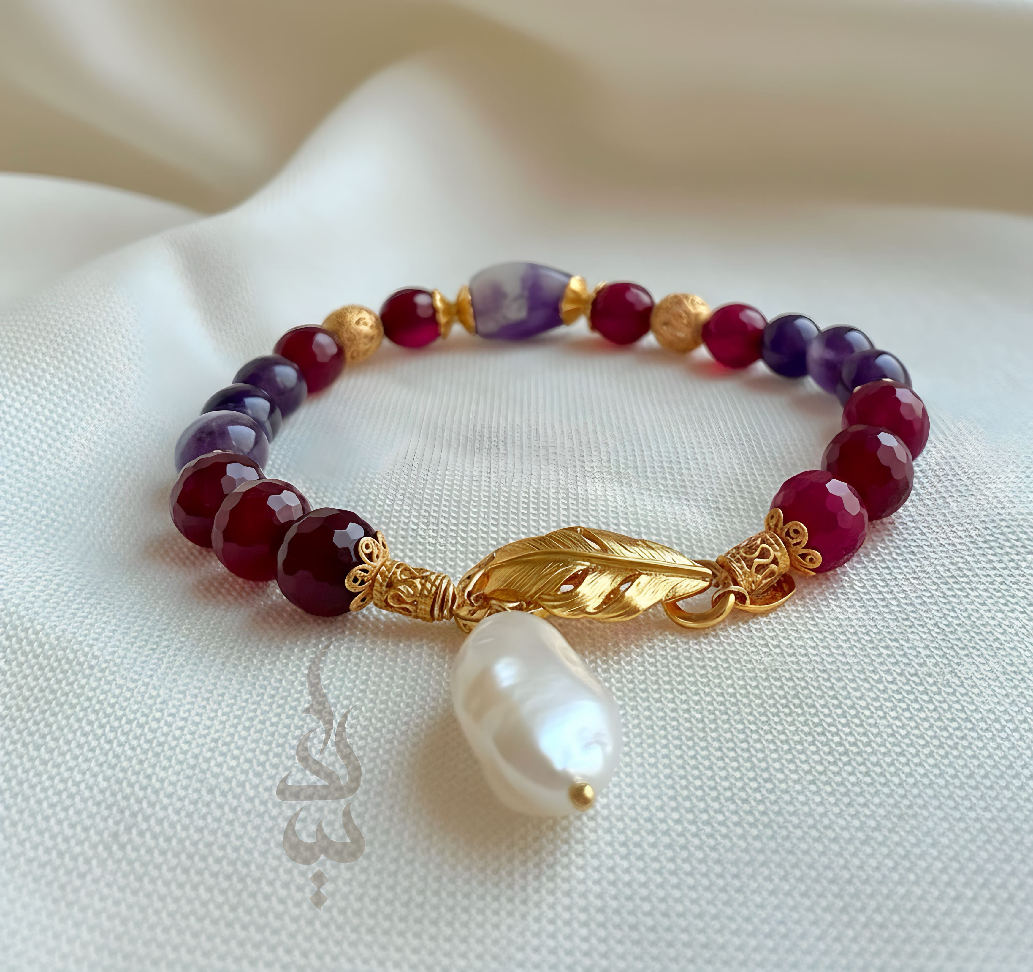 Sterling silver 18K gold plated handmade bracelet with amethyst, magenta agate, and a natural baroque pearl pendant