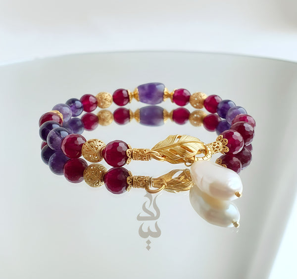 Sterling silver 18K gold plated handmade bracelet with amethyst, magenta agate, and a natural baroque pearl pendant