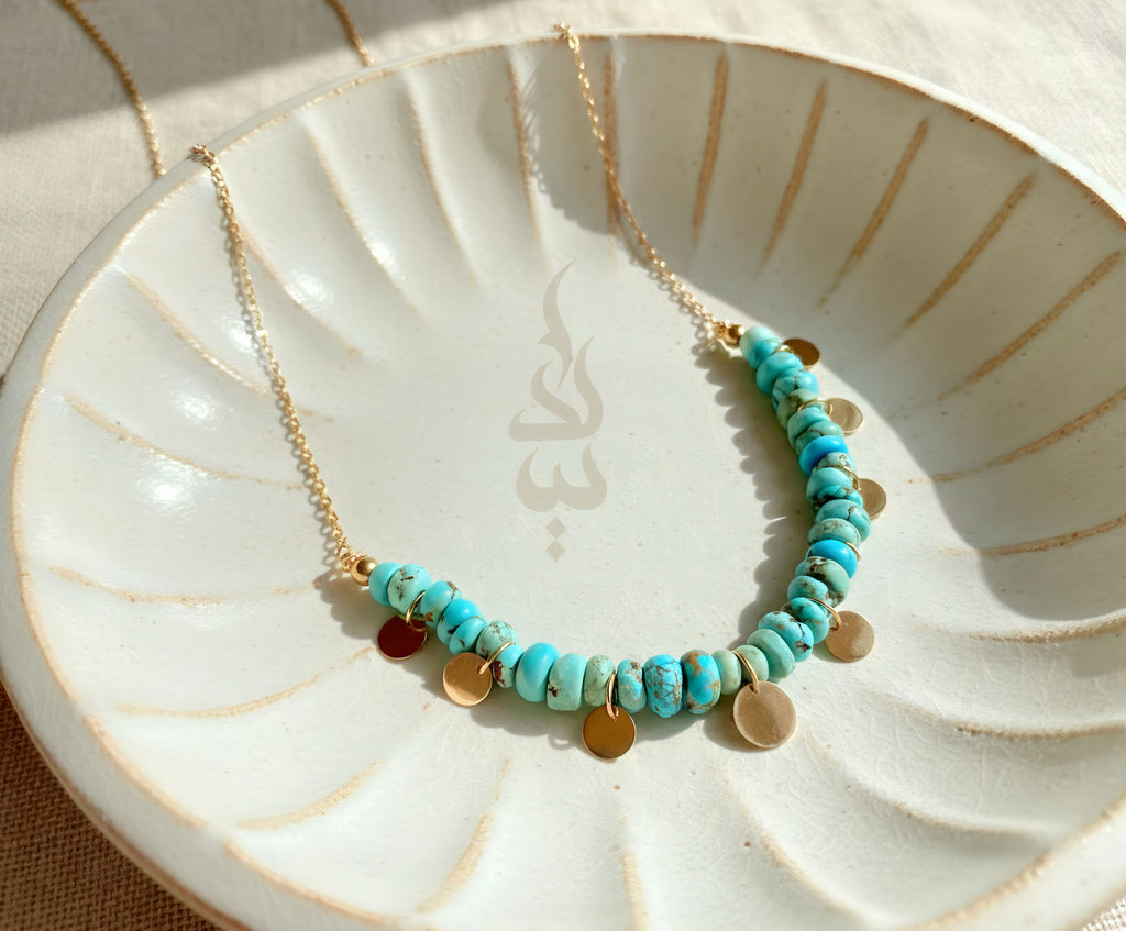 18K gold necklace crafted with authentic Neyshabur turquoise from Iran