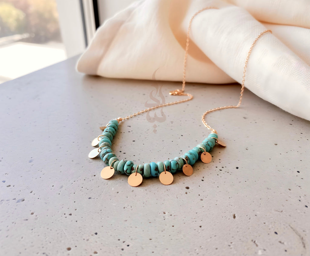 18K gold necklace crafted with authentic Neyshabur turquoise from Iran