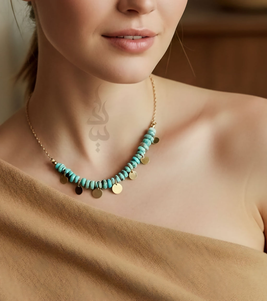 18K gold necklace crafted with authentic Neyshabur turquoise from Iran