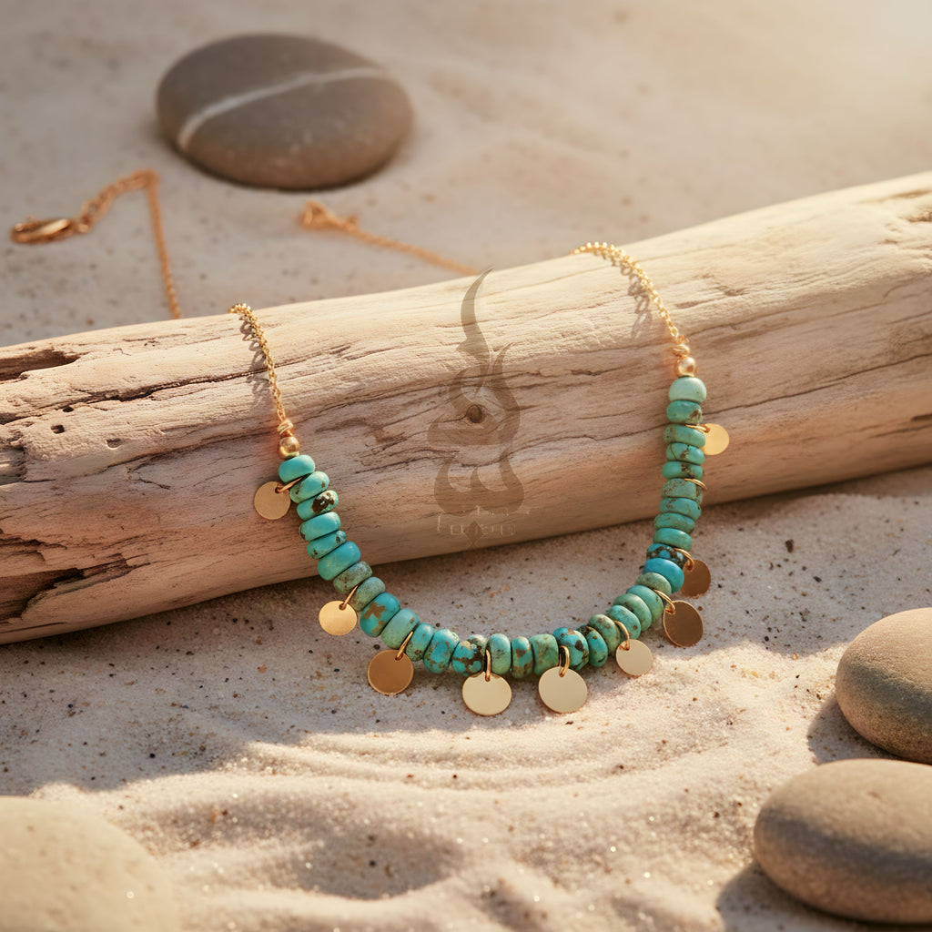 18K gold necklace crafted with authentic Neyshabur turquoise from Iran