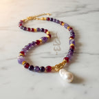 Handmade 18K Gold Plated Silver Necklace  with Amethyst, Magenta Agate & Baroque Pearl