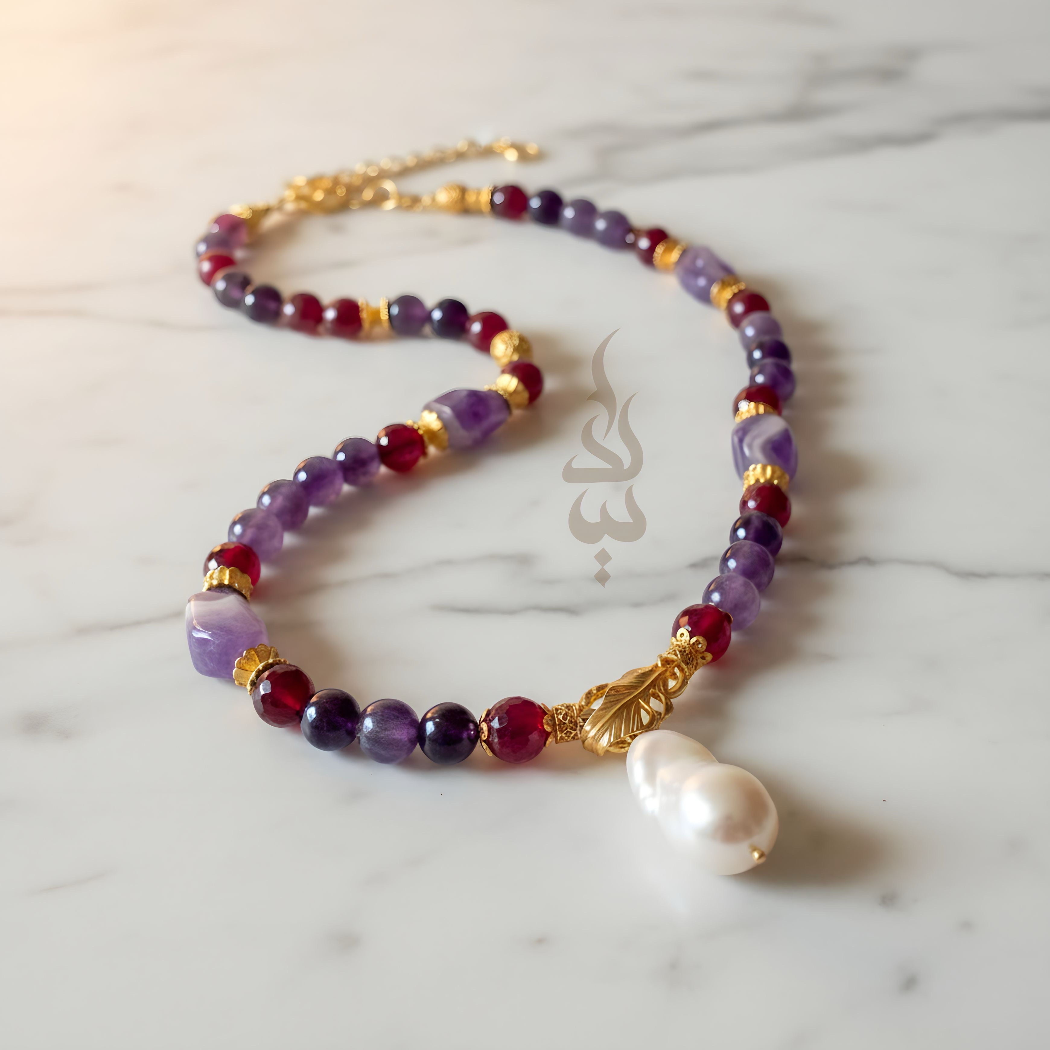 Handmade 18K Gold Plated Silver Necklace  with Amethyst, Magenta Agate & Baroque Pearl