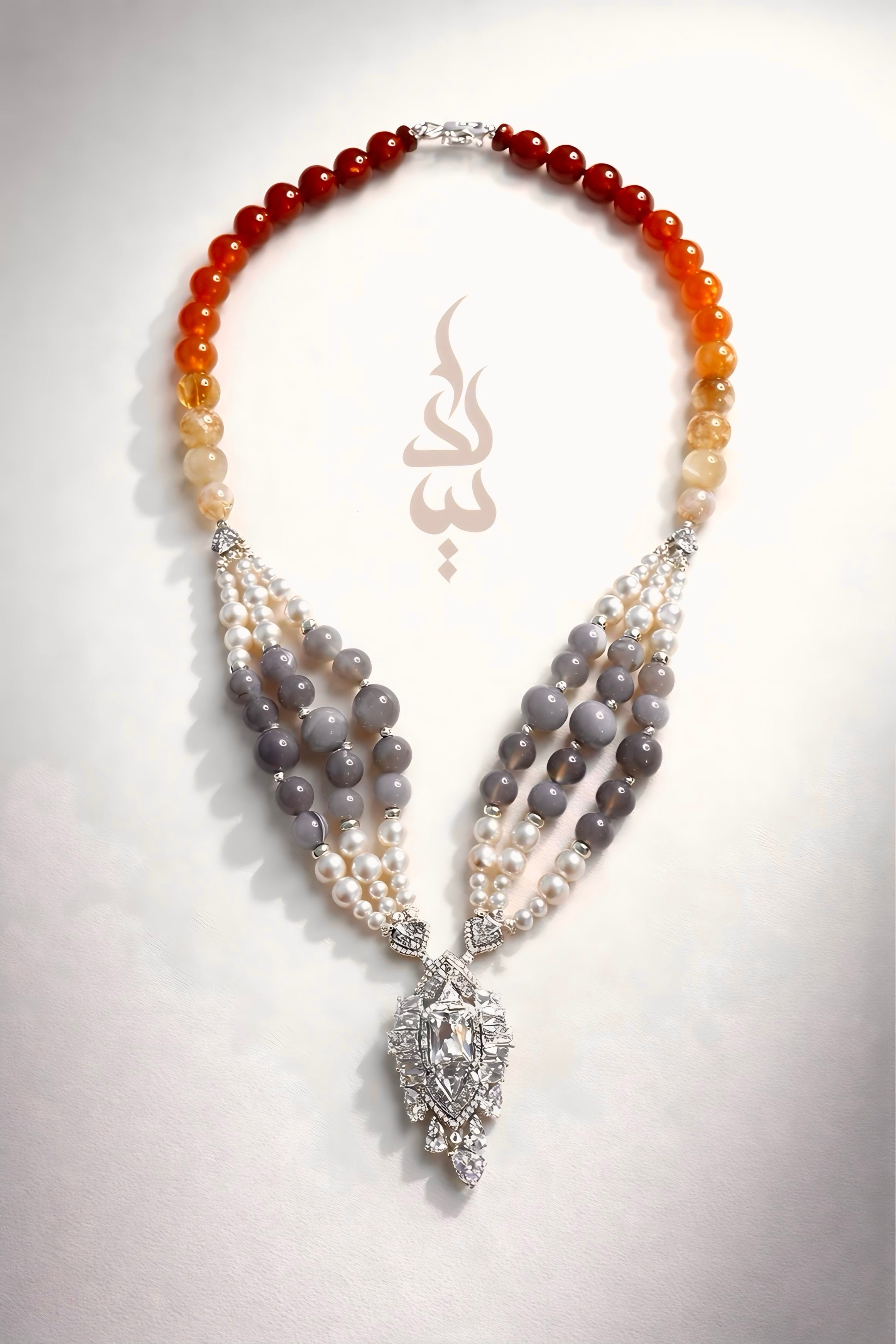 Gray & Apricot Agate 925 Sterling Silver Necklace with Zircon