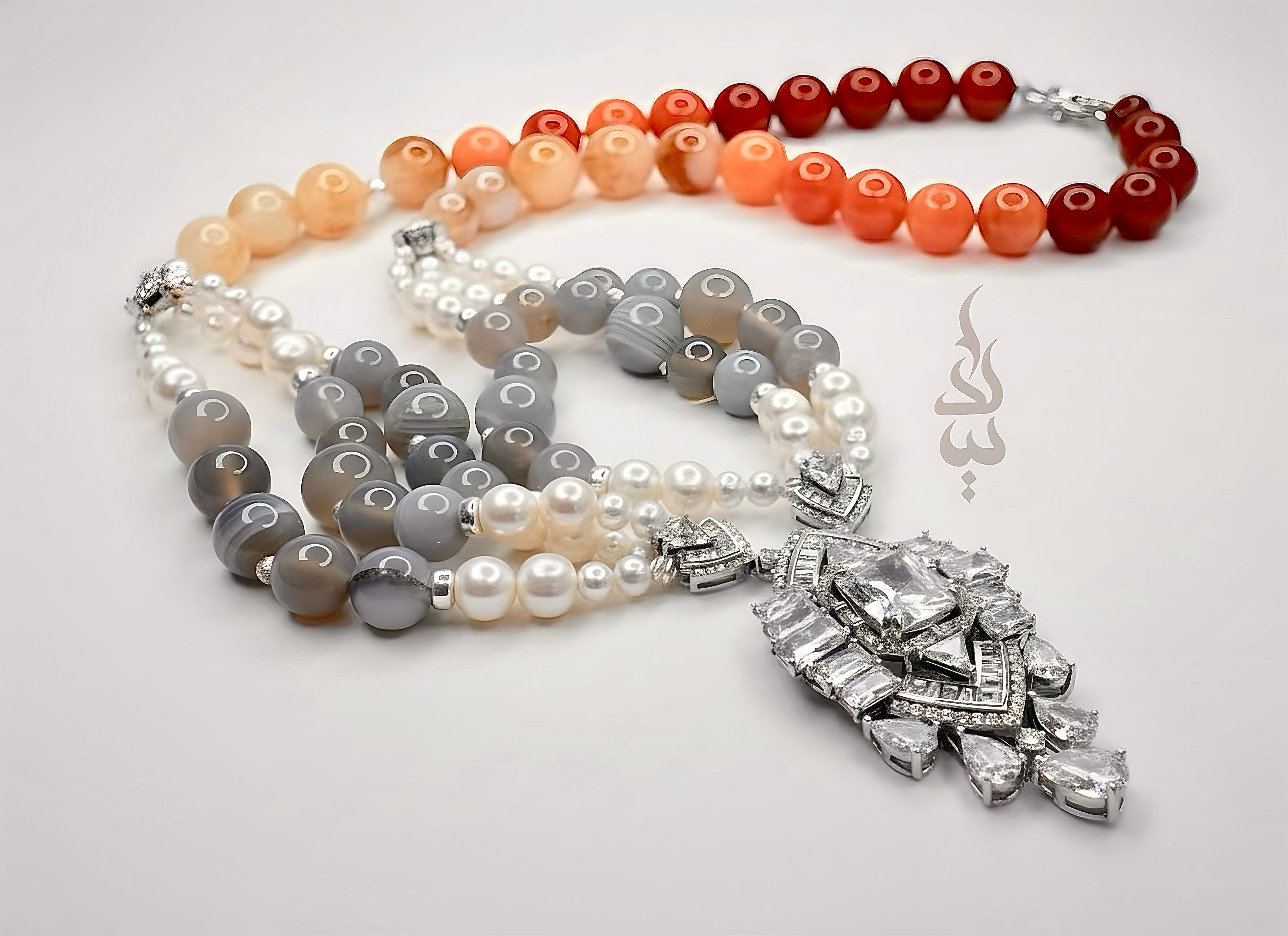Gray & Apricot Agate 925 Sterling Silver Necklace with Zircon