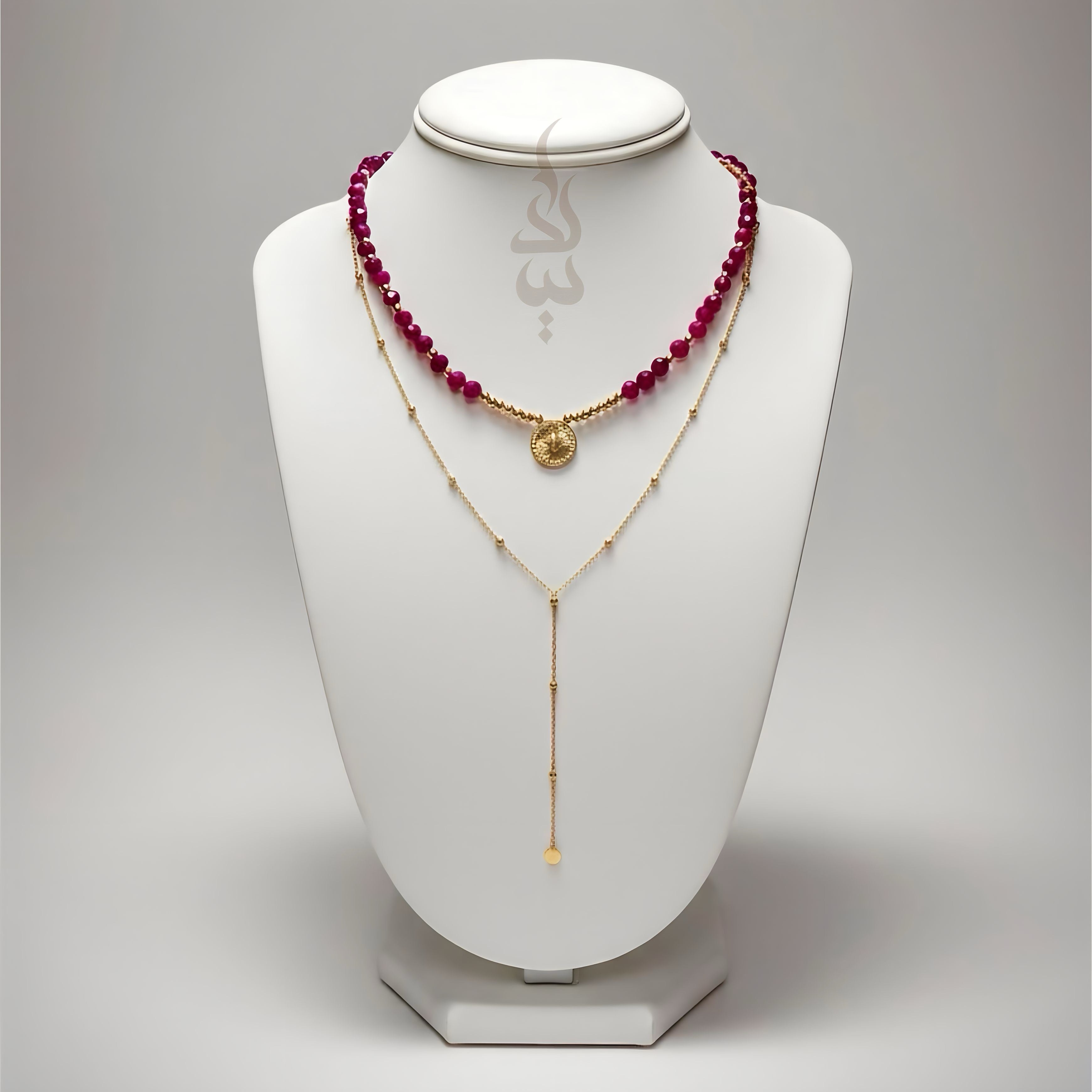 18K gold necklace crafted with ruby stones and Versace pendant - 18K gold chain with Dimond cut beads