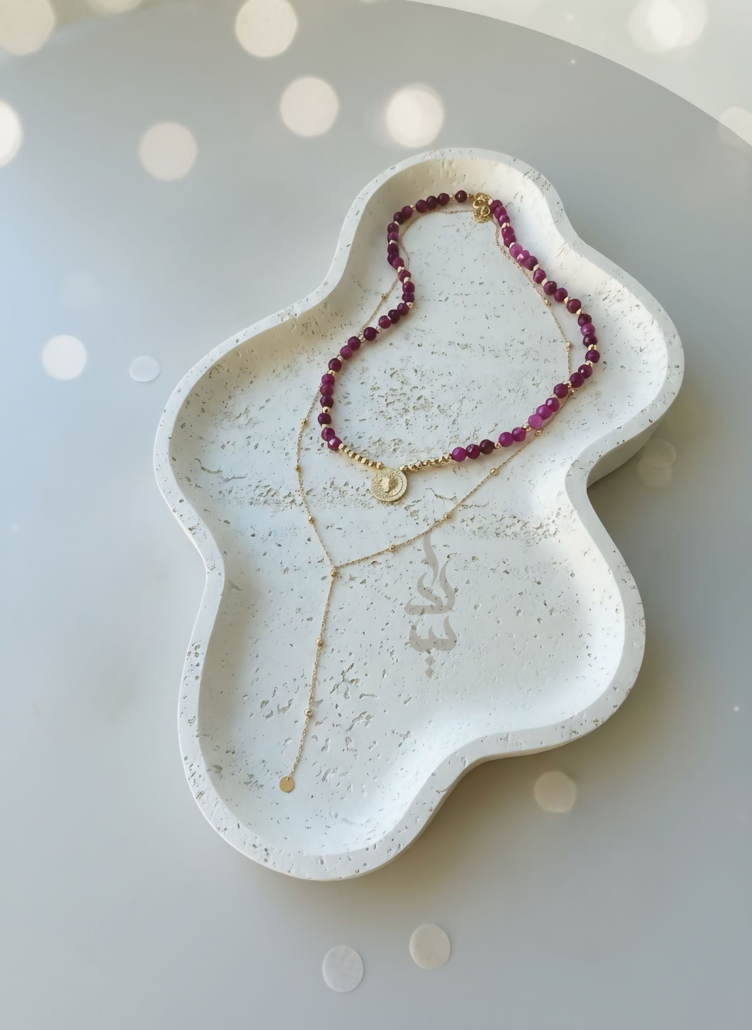 18K gold necklace crafted with ruby stones and Versace pendant - 18K gold chain with Dimond cut beads