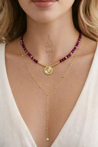 18K gold necklace crafted with ruby stones and Versace pendant - 18K gold chain with Dimond cut beads