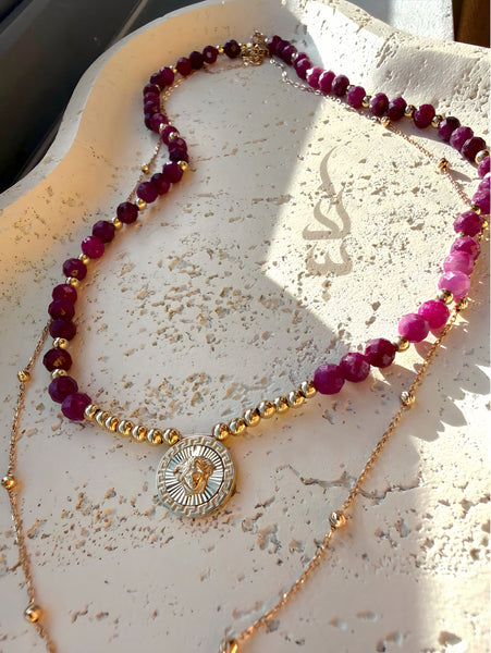18K gold necklace crafted with ruby stones and Versace pendant - 18K gold chain with Dimond cut beads