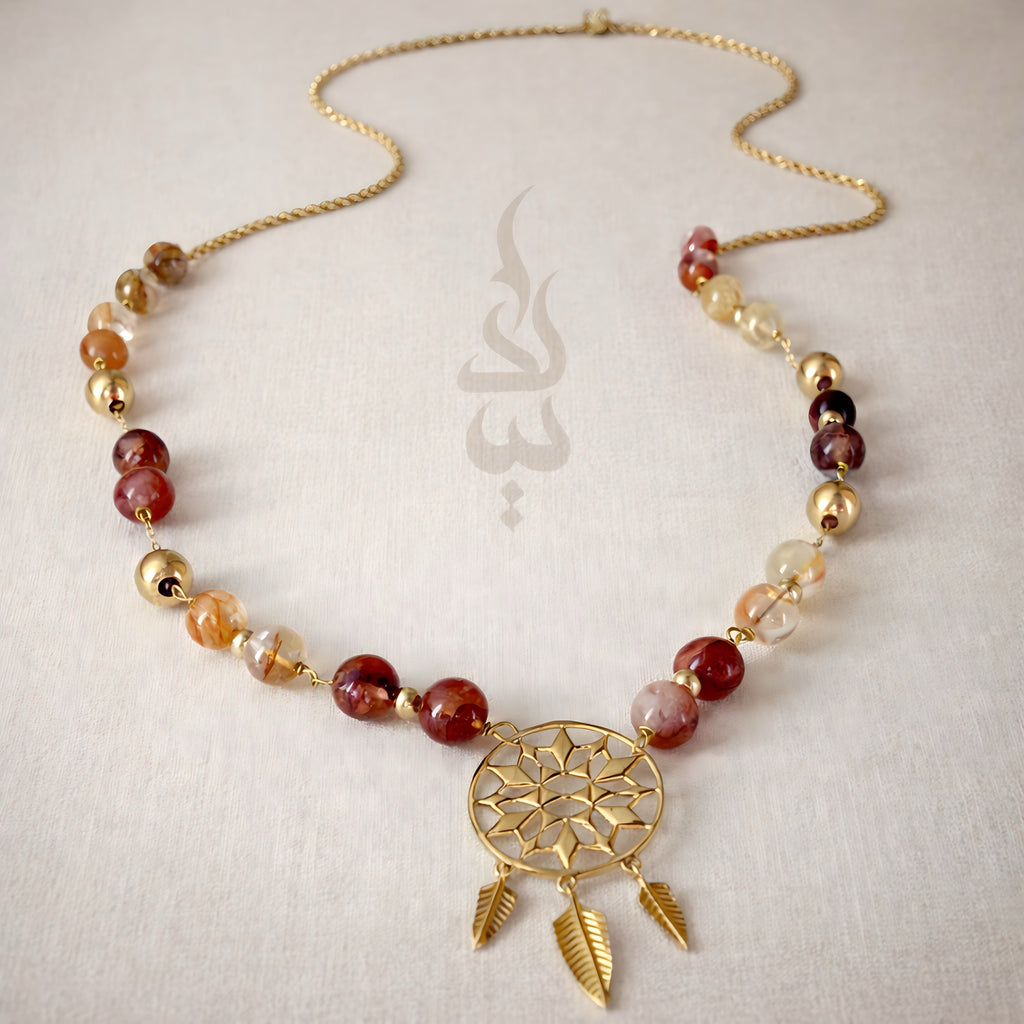 18K gold necklace with dreamcatcher pendant and carnelian stone
