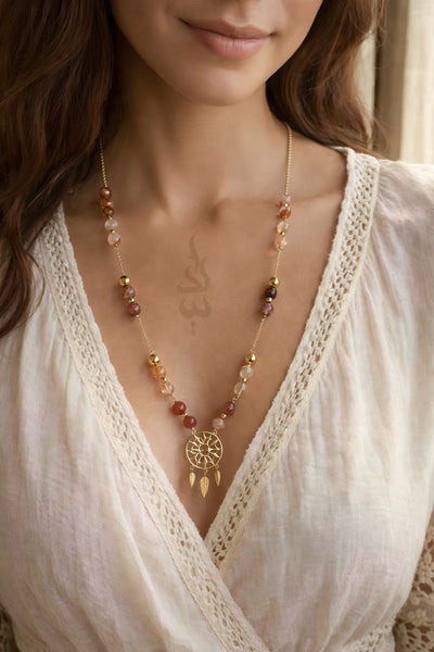 18K gold necklace with dreamcatcher pendant and carnelian stone