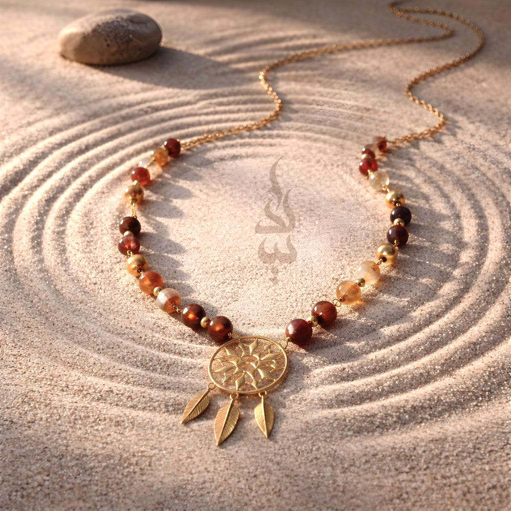18K gold necklace with dreamcatcher pendant and carnelian stone
