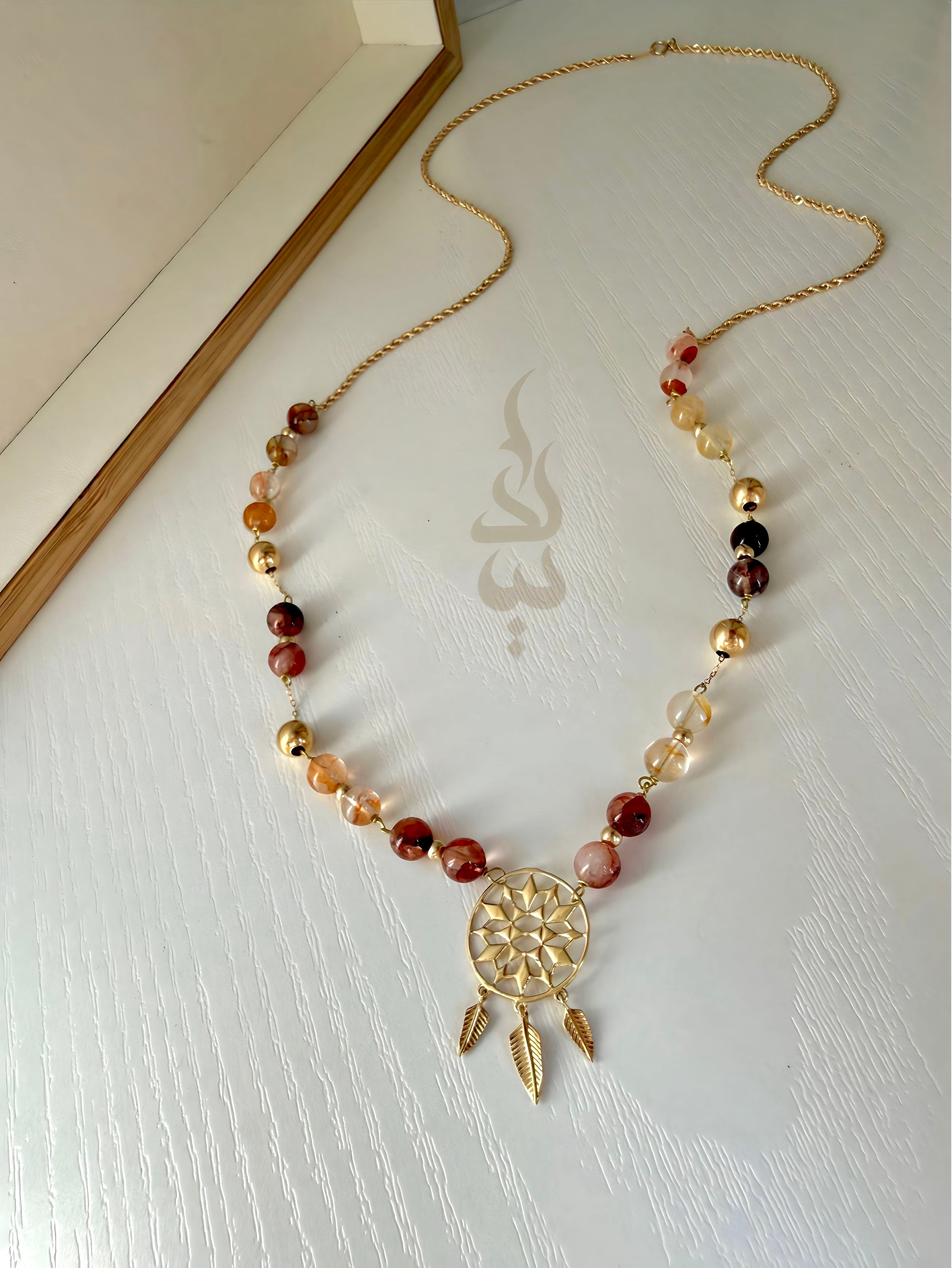 18K gold necklace with dreamcatcher pendant and carnelian stone