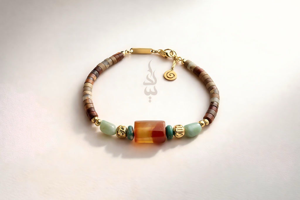 18K gold bracelet crafted with agate and jasper and neyshabur turquoise