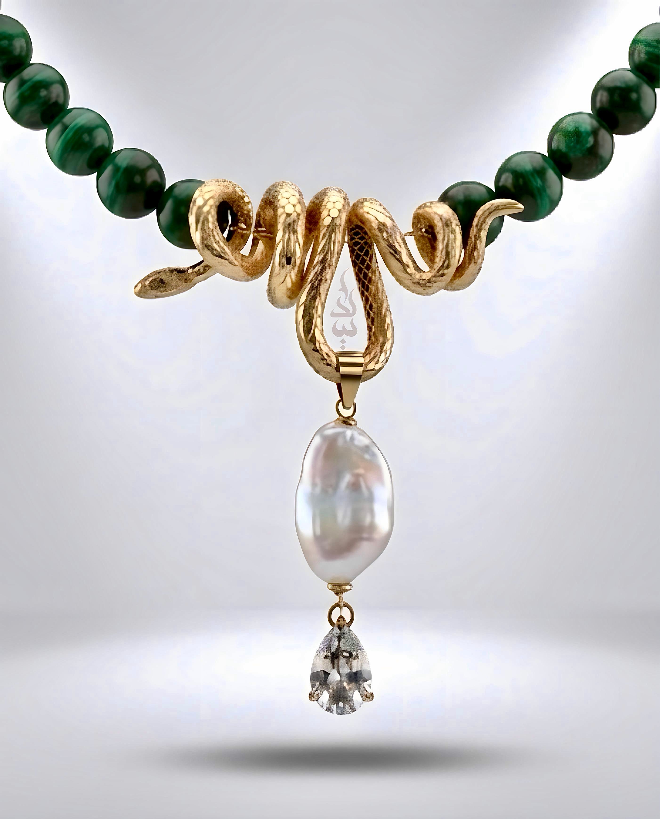 18K gold crafted with natural emerald and pearl with serpent pendant
