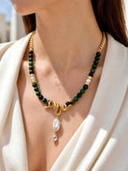 18K gold crafted with natural emerald and pearl with serpent pendant