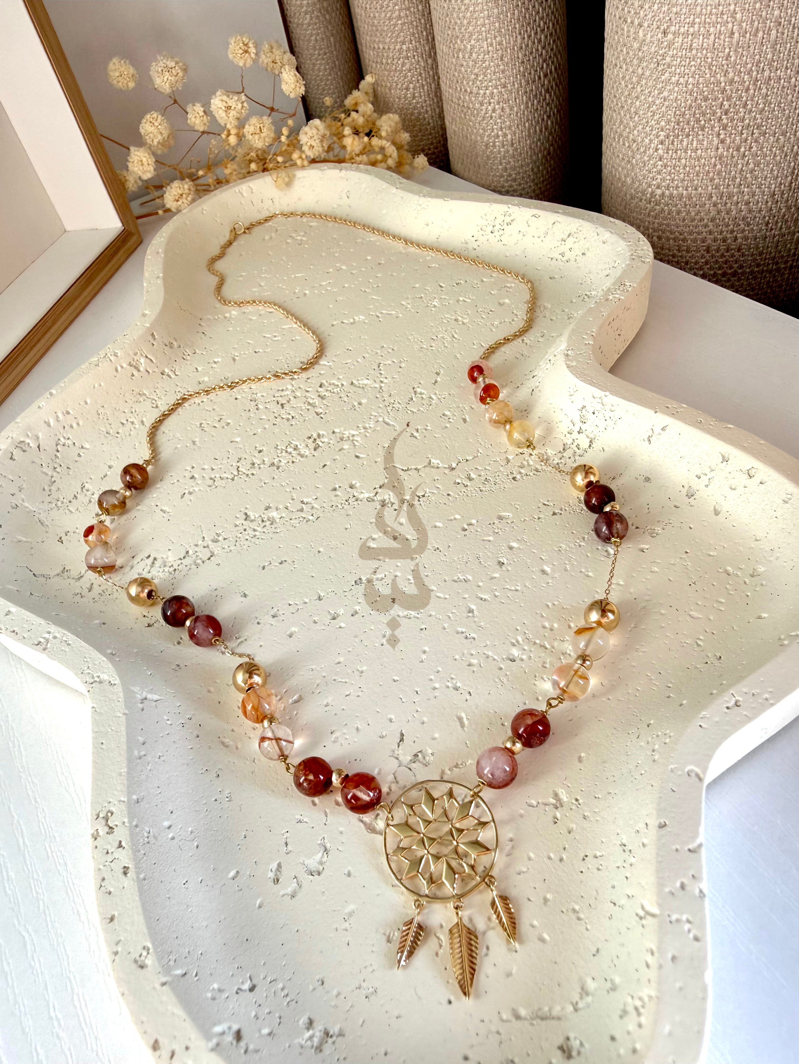 18K gold necklace with dreamcatcher pendant and carnelian stone